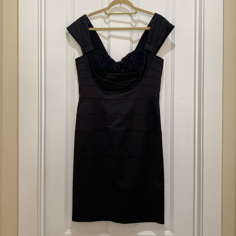 Tadashi Shoji cocktail dress in stretch satin with beaded detail.